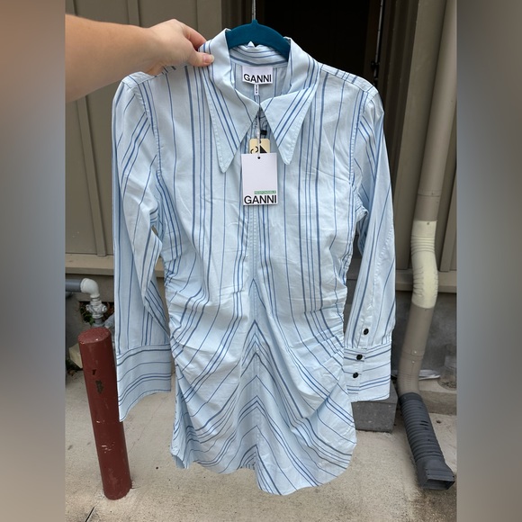 GANNI Striped Twill Fitted Zip-Front Tunic Dress - Picture 6 of 9